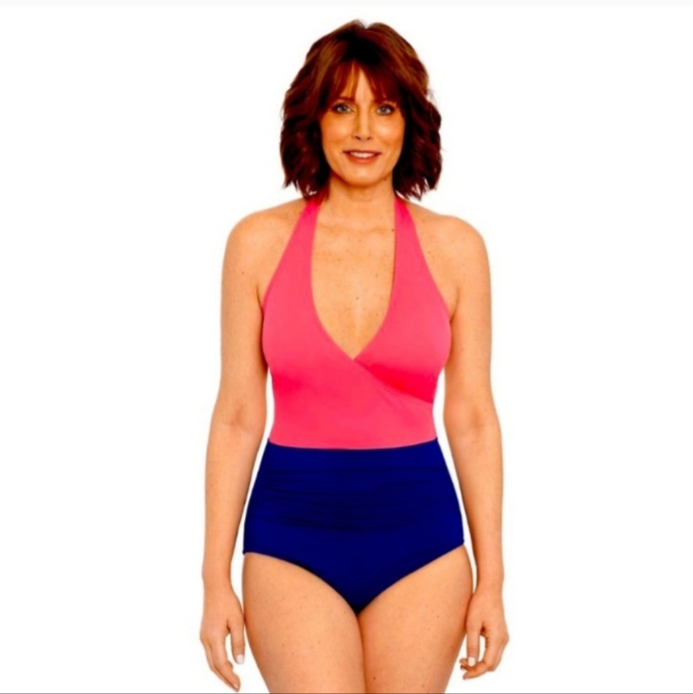 Sz 16 or 20 Bal Harbour Swimsuit. Halter one piece bathing suit coral & navy.